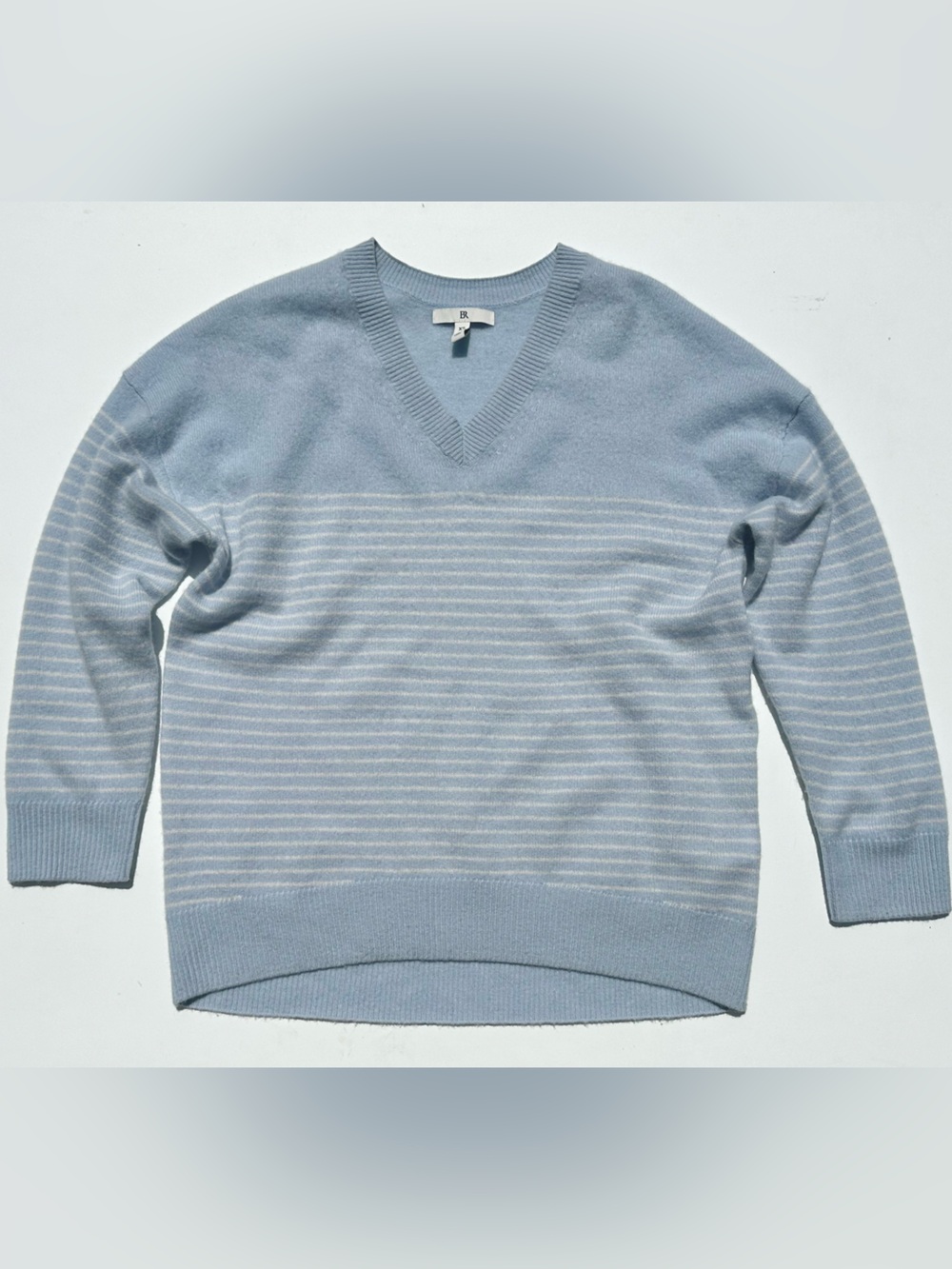 Banana Republic Cashmere Oversized Light Blue & White Striped V-Neck Sweater, XS